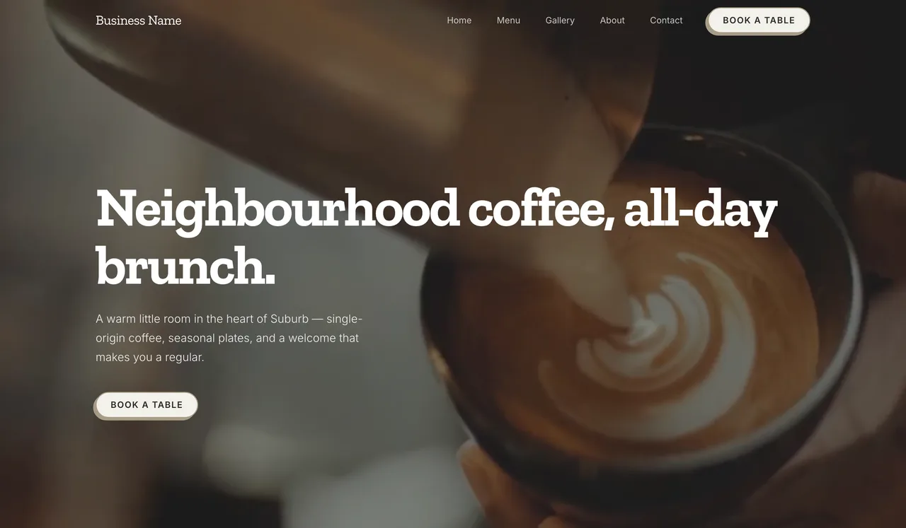 Preview of a café website built with OhhWells — the live hero of local-fnb.ohhwells.site