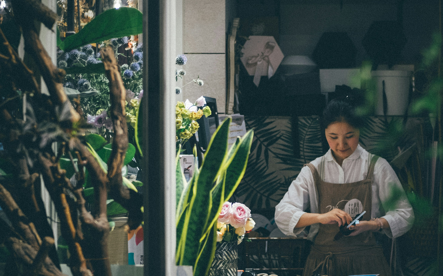 A florist checks her phone while working in her plant-filled flower shop.