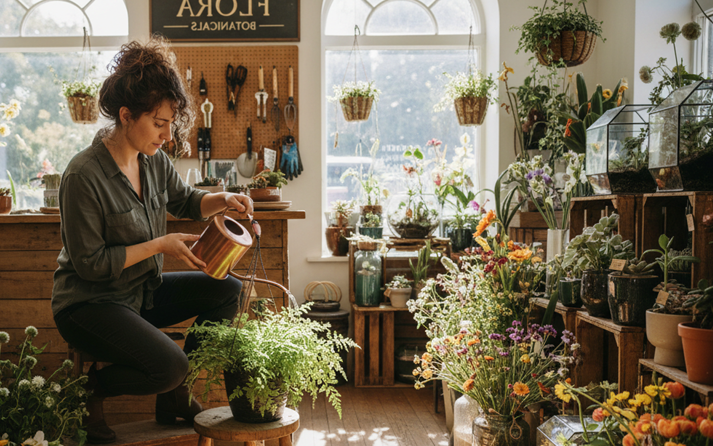 A florist watering plants in a sunlit flower shop
